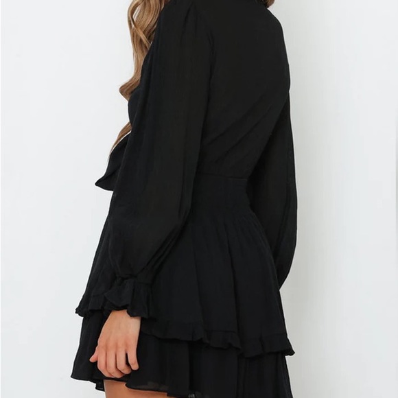 BEGINNING BOUTIQUE RUFFLE BOW TIE V NECK CHIFFON MINI DRESS - BLACK - Picture 5 of 5